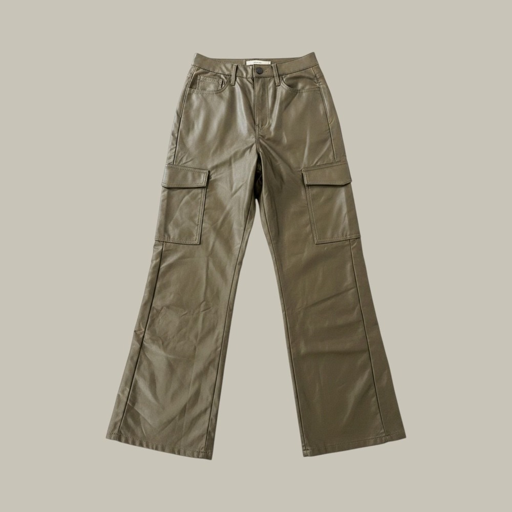 TGLA Faux Leather Cargo Pants Women 5/27 Olive Green High Rise Straight Leg